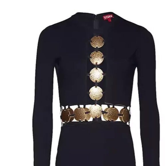 STAUD BLACK DELPHINE GOLD LOGO COIN CUTOUT MAXI DRESS BLACK SZ 8 LONG SLEEVE - Picture 7 of 15